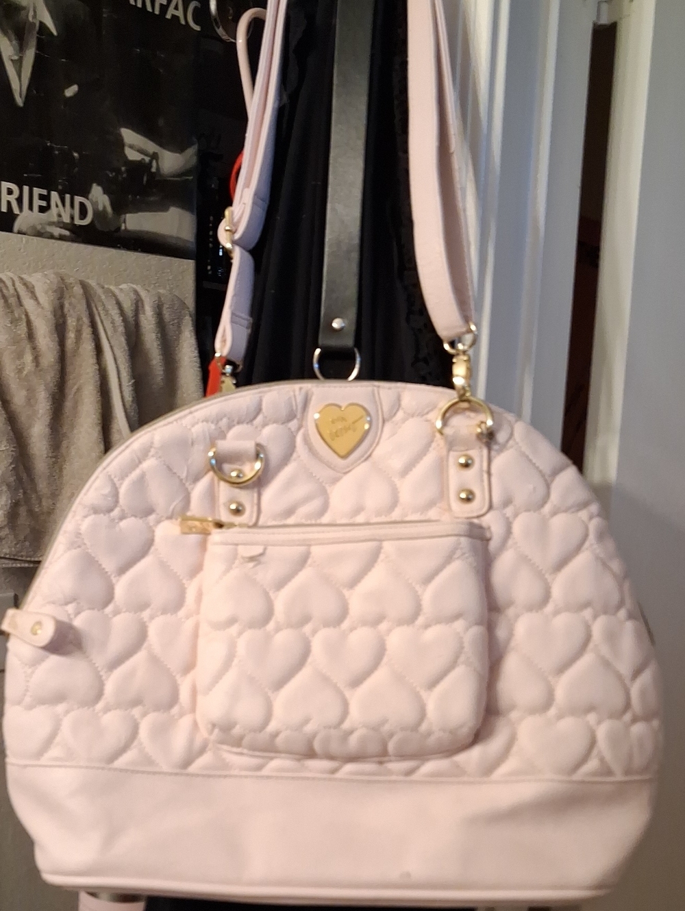Betsey Johnson Light Pink Quilted Heart Satchel with Gold Accents